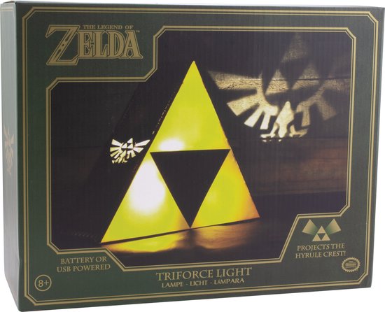 Doos van The Legend of Zelda-lamp, met beeld van de lamp en tekst 'TRIFORCE LIGHT'.