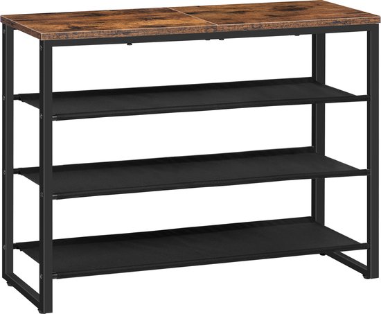 Een leeg industrieel schoenenrek met 3 etages, bruin houten blad en zwart metalen frame.
