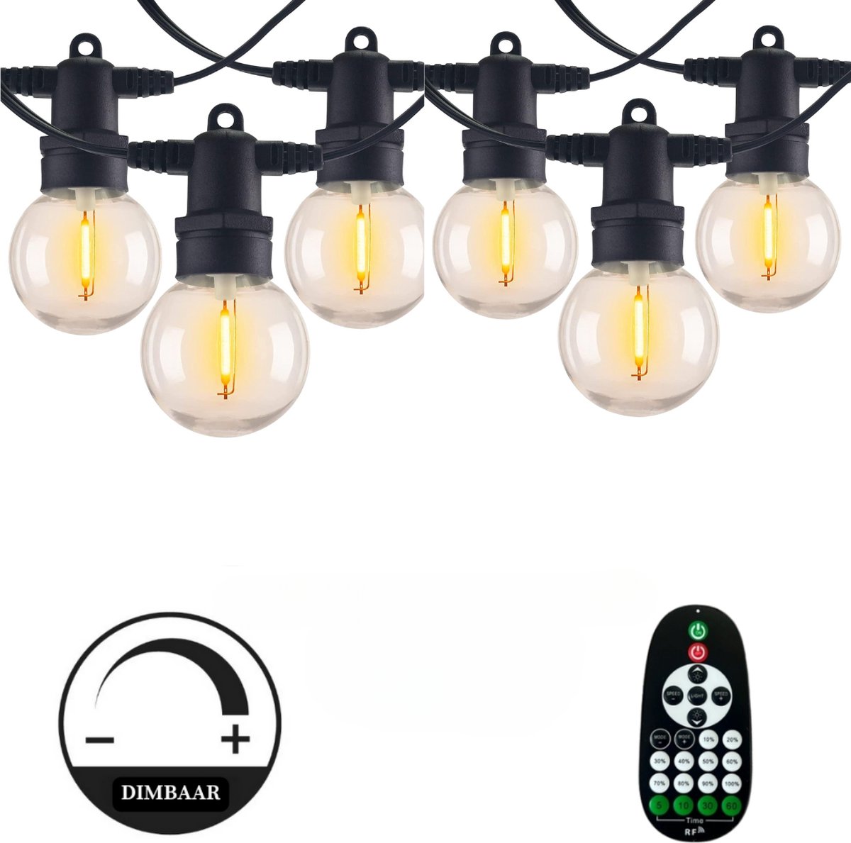 Lichtendirect - Lichtsnoer - 10 Meter - 20 LED lampen - Dimbaar - Afstandsbediening - Lichtsnoer Buiten - Waterdicht - Tuinverlichting - Terrasverlichting - Prikkabel - Lichtslinger