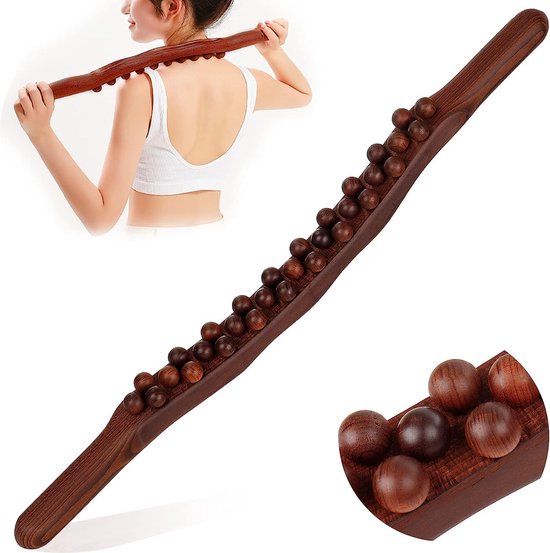 Massage Stok - Massage Stick - Massage - Hout - Voor Rug, Nek, Schouder, Buik, Taille, Armen En Benen Etc - Massagebal - Massage Apparaat - Vermoeidheid Verlichten - Gua Sha Massage Tool - Houten Massage Stok - 35 Massage Ballen - Bruin - Relax