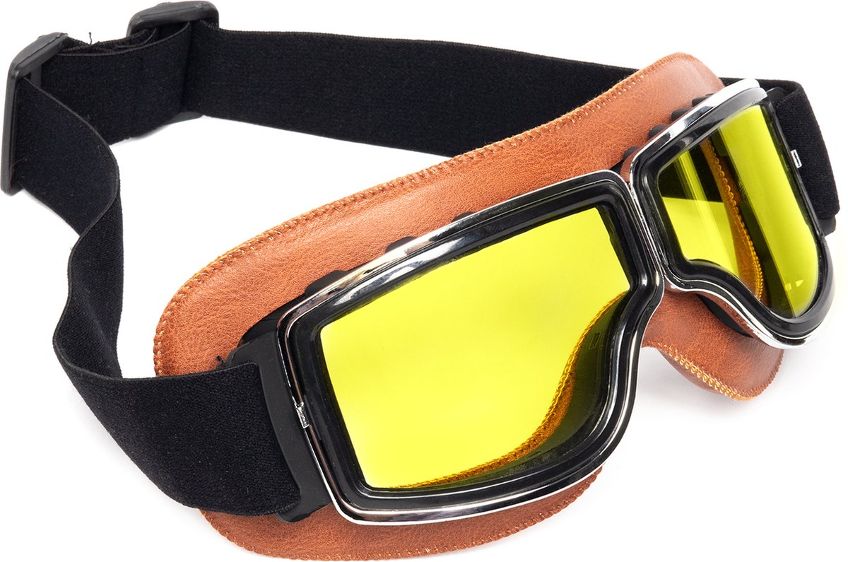 KIMU® Goggles Motorbril Skibril - Bril Bruin Montuur - Gele Glazen - Pilotenbril Vintage Retro Motor Steampunk Leatherlook Leer Geel Bruine Heren Festival