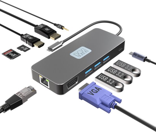 Foto: Mmobiel usb c hub naar 3x usb 3 2 sd tf card reader 1000mbps eth hdmi displayport 4k 60hz vga 3 5mm audio output 100w power delivery 11 in 1 usb c adapter drievoudige display multiport