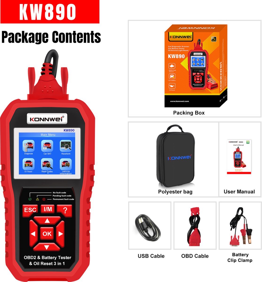 Konnwei KW890 3in1 - Olie service resetten - OBD2 Scanner thumbnail 6