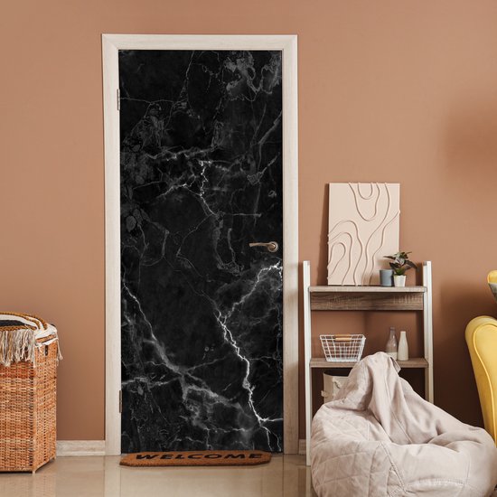 Deurposter 90x205 cm - Deursticker Marmer - Zwart - Wit - Textuur - Marmerlook - Meubelfolie zelfklevend - Deurfolie woonkamer - Interieurfolie fotobehang - Deur plakfolie - Deurstickers - Deurbehang sticker - Kamer decoratie