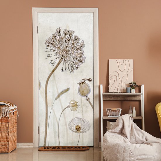 Sticker pour porte Fleurs - Aquarelle - Nature Morte - Marron - Vintage - 90x215 cm - Affiche de porte