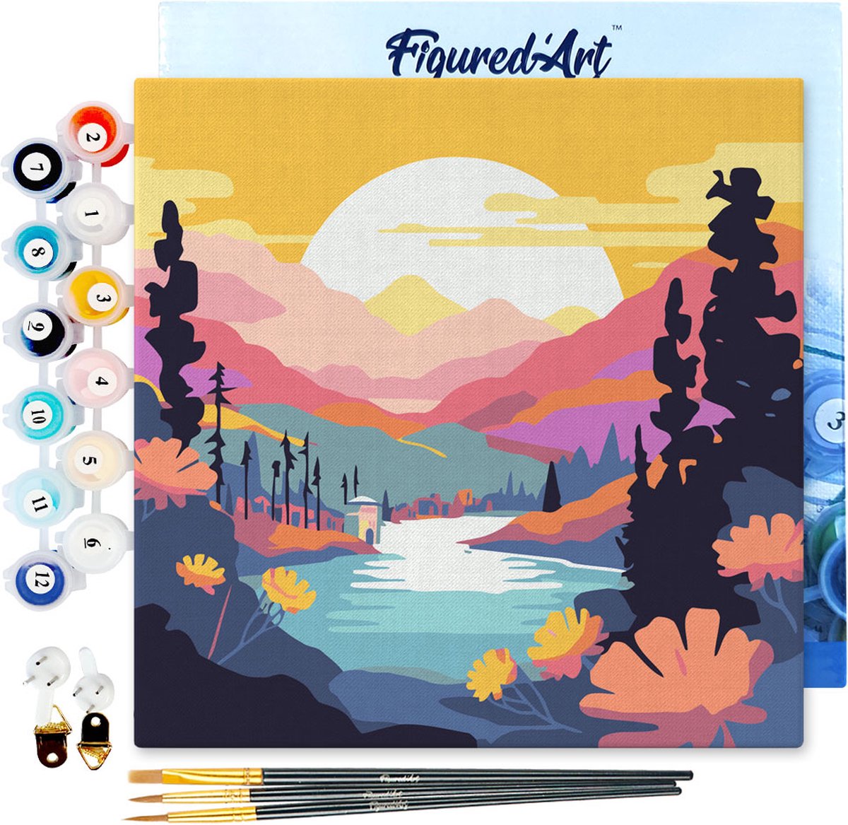 Figured'Art Mini Schilderen op Nummer Volwassenen 20x20cm met lijst Kleurrijke Zonsondergang bij het Meer - Klein Formaat Creatieve Hobby Kit DIY Art Nummer Compleet