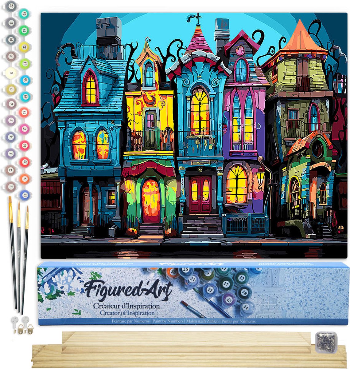 Figured'Art Schilderen op Nummer Volwassenen canvas Kleurrijke Gotische Huizen - Handwerk acrylverf Kit DIY Compleet - 40x50cm met DIY houten lijst