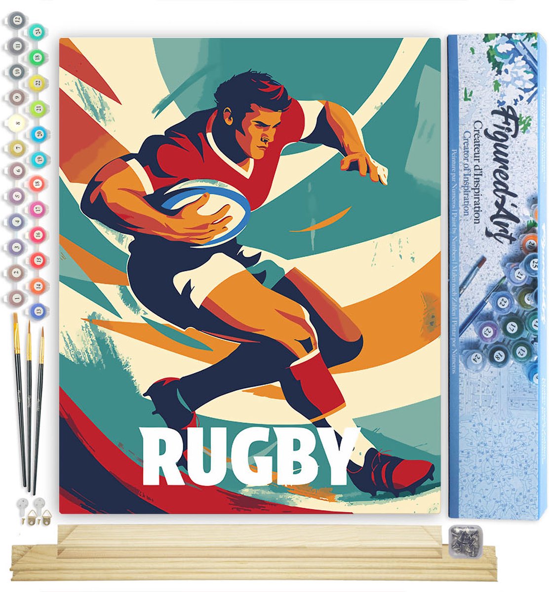 Figured'Art Schilderen op Nummer Volwassenen canvas Sportaffiche Rugby- Handwerk acrylverf Kit DIY Compleet - 40x50cm met DIY houten lijst