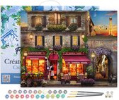 Peinture d'une brasserie parisienne 'Au Chapeau Rouge' avec vue sur la Tour Eiffel.