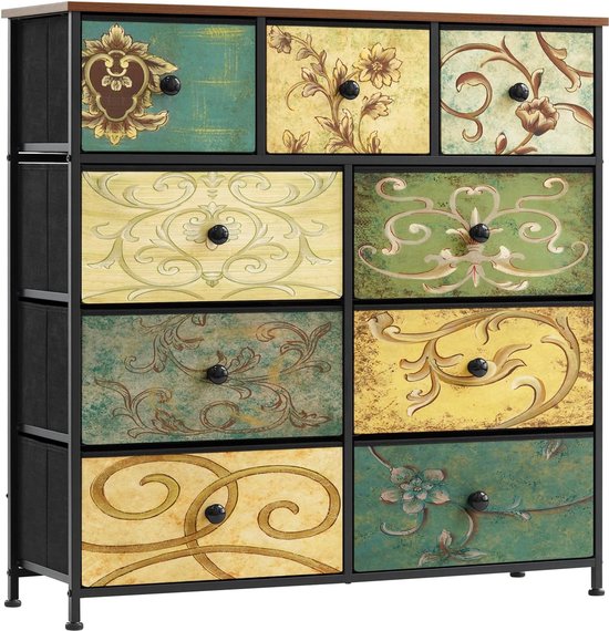 Commode met 4 Laden en Legplank Vrijstaande Opbergkast Metalen Frame Stoffen Bakken Industriële