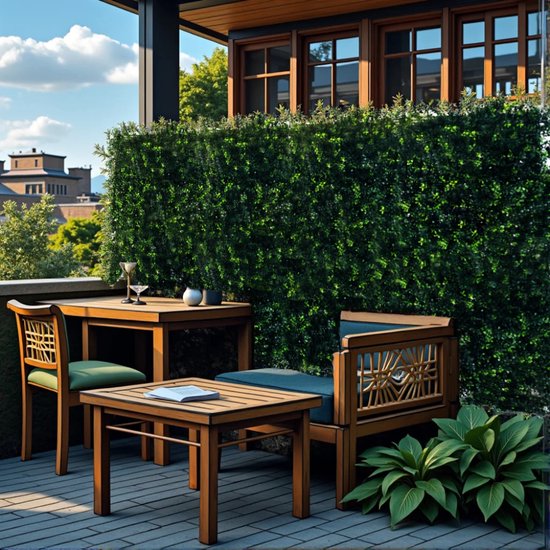 Houten tuinset op een betegeld terras, geflankeerd door een dichte groene heg. Twee stoelen, twee tafels en een bankje.