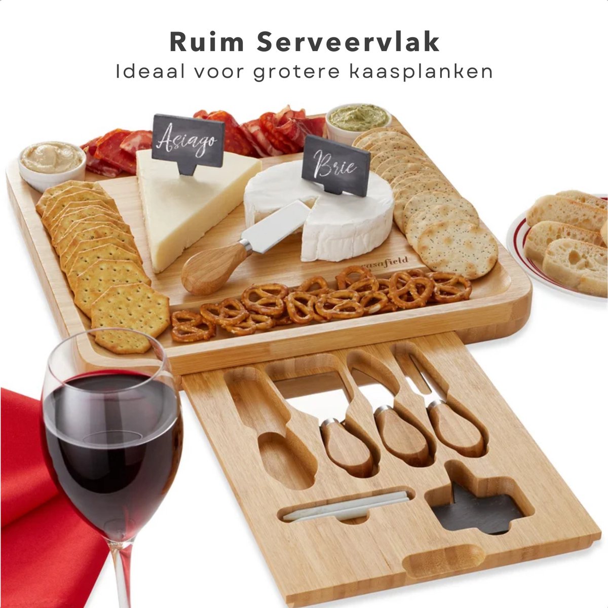 Luxe Tapasplank - Uitschuifbare Borrelplank - Bamboe Kaasplank met Mesjes - 33x55 cm - Inclusief EBOOK — cadeau in Kookcadeaus - foto 4