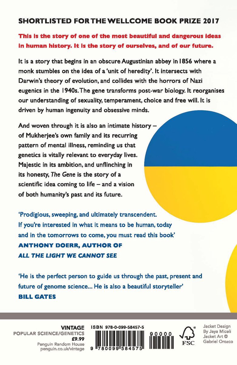 Couverture de livre "The Gene: An Intimate History", primé et nominé pour le Wellcome Book Prize 2017. Couleurs : jaune, bleu, rouge.