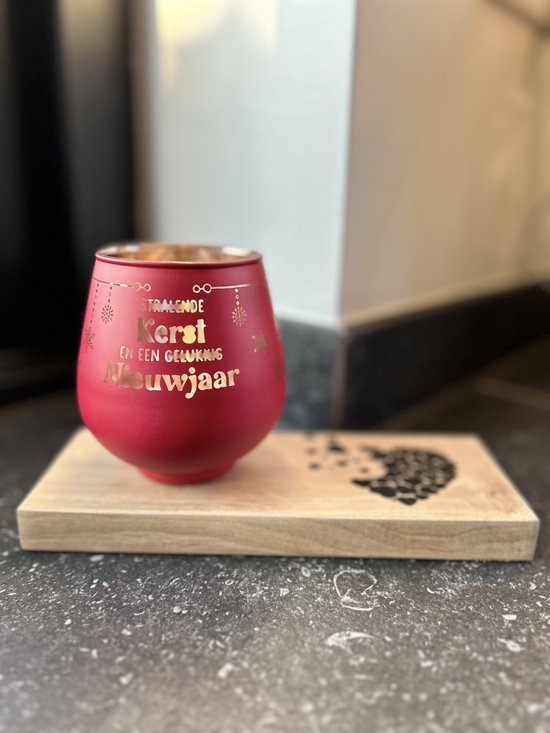 Creaties van Hier - Kerstmis - Kaarsen - Theelichthouder met Plankje - Glas - 9,4x8,9 cm - Stralende kerst en een gelukkig nieuwjaar