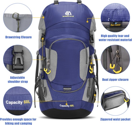 Avoir Avoir®-Sac à dos-Randonnée - Blauw- Sac à dos de randonnée ultime 60L - Résistant à l'eau - Compartiment principal spacieux - Bretelles réglables - Panneaux arrière en mesh - Polyester -32cm x 20cm x 70cm-Bol.com