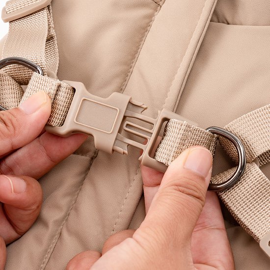 Detail van een beige gesp op een roze hondenharnas.