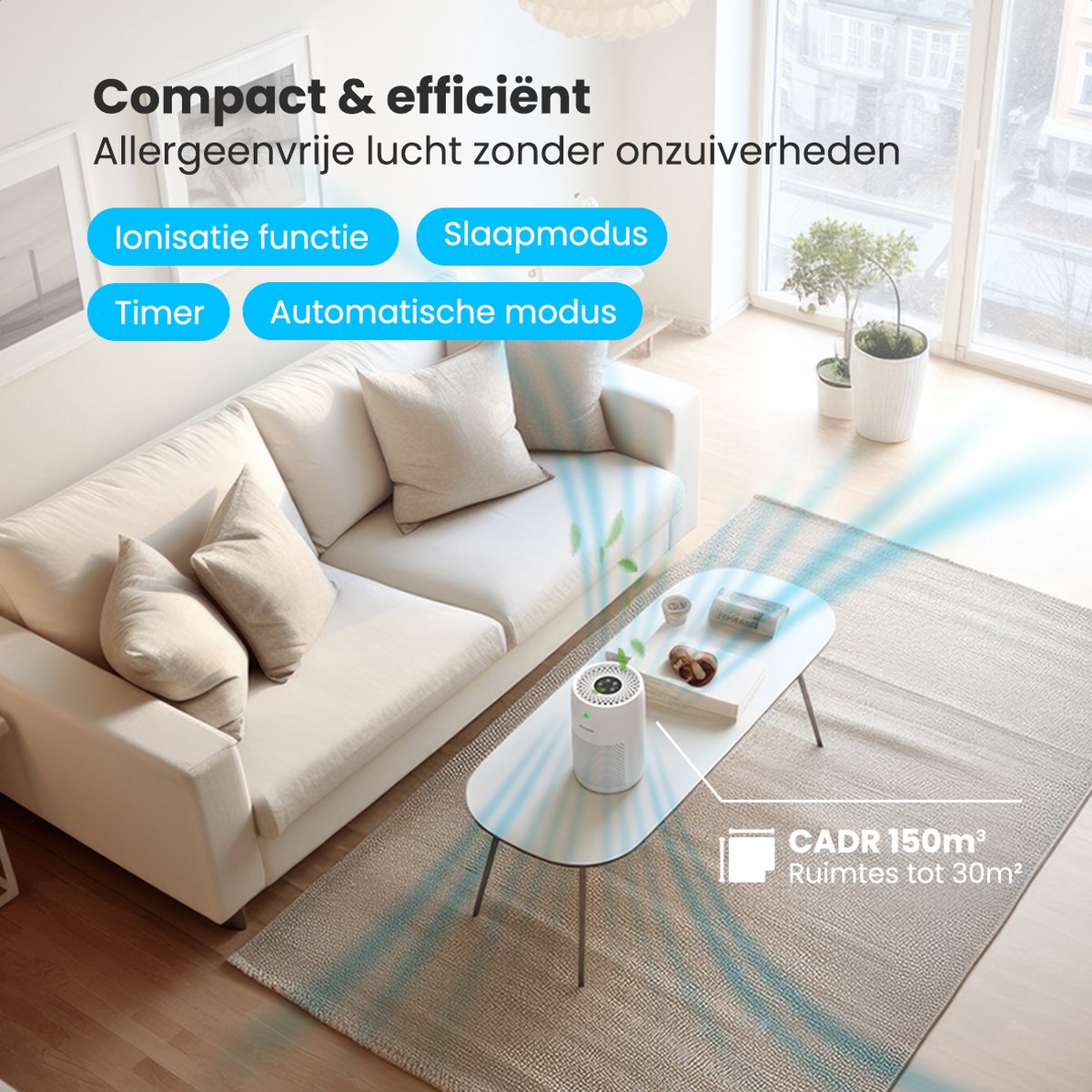 Auronic Luchtreiniger Compact met HEPA 13 Filter, Ionisator en Koolstoffilter - Ruimtes tot 30m² - CADR-waarde van 150m³/u - Air Purifier - Wit — afbeelding 4