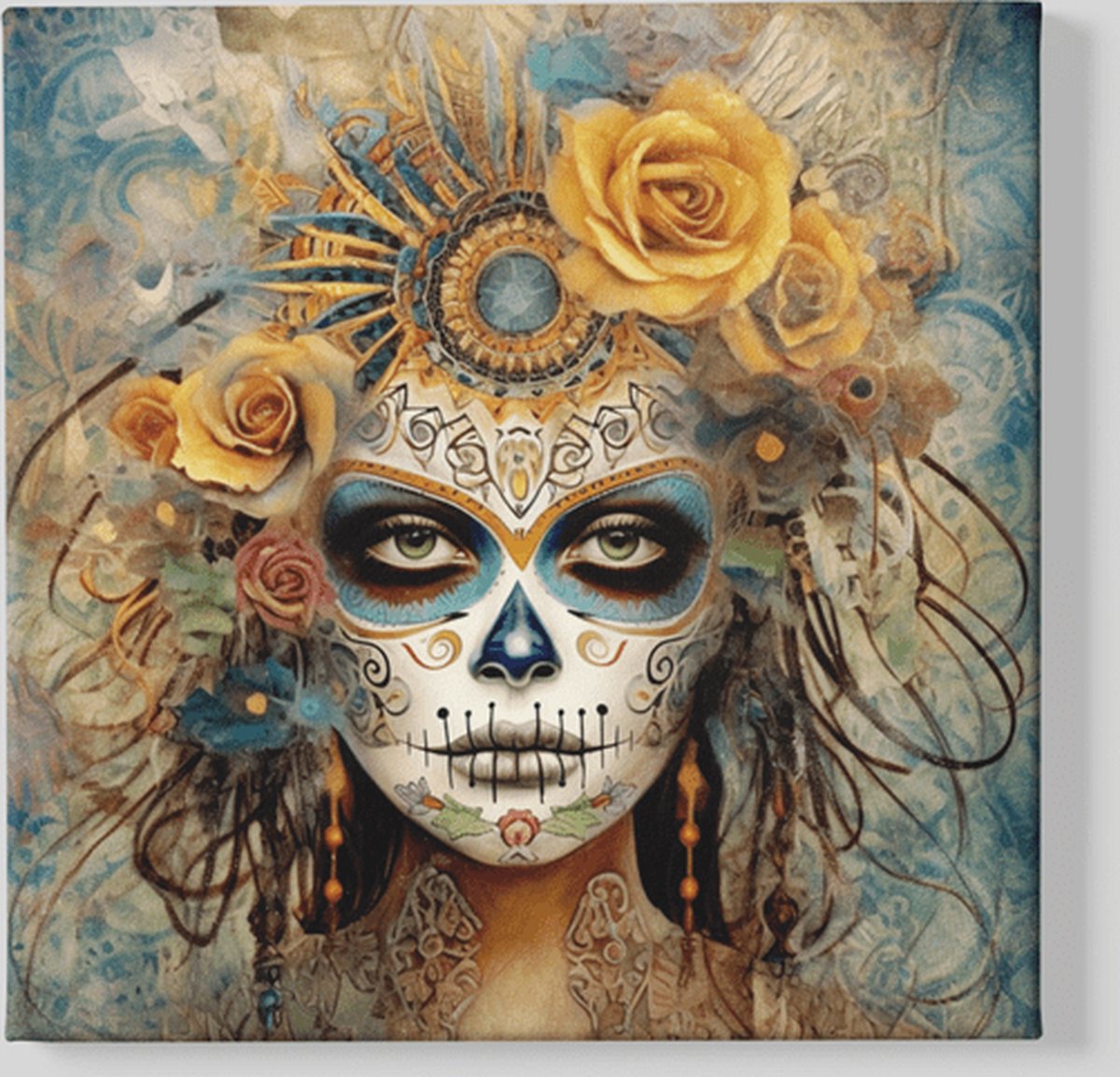 Trendex Global Vierkant Canvas Schilderij - Wall Art - Dia de Los Muertos - 100x100x2 cm Geel