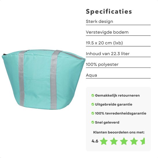Cheqo® Geïsoleerde Koeltas - 22,3 liter - Lichtblauw - Isolerend - Thermische Binnenkant - Dubbel Handvat - Rits - 18,5 x 18 cm - Verstevigde Bodem - Voor Picknick & Boodschappen van Cheqo — afbeelding 2