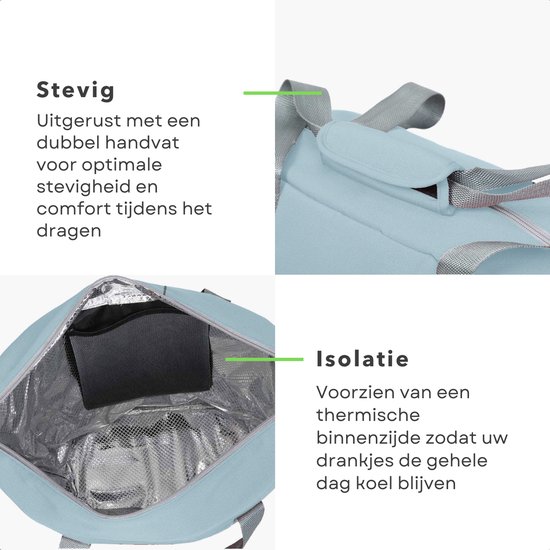 Cheqo® Geïsoleerde Koeltas - 22,3 liter - Blauw - Isolerend - Thermische Binnenkant - Dubbel Handvat - Rits - 18,5 x 18 cm - Verstevigde Bodem - Voor Picknick & Boodschappen van Cheqo — afbeelding 2