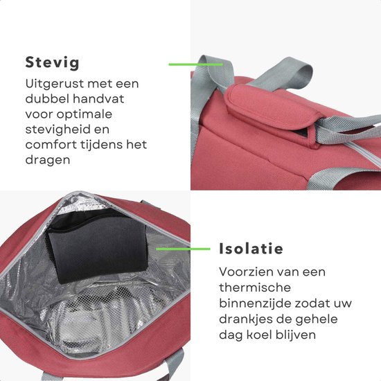 Cheqo® Geïsoleerde Koeltas - 22,3 liter - Roze - Isolerend - Thermische Binnenkant - Dubbel Handvat - Rits - 18,5 x 18 cm - Verstevigde Bodem - Voor Picknick & Boodschappen van Cheqo — afbeelding 5
