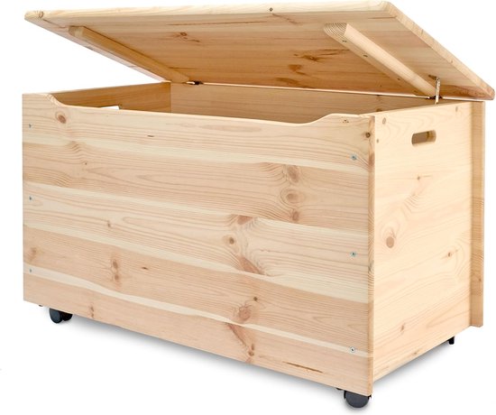 JGS® - Grote Houten Speelgoedkist op Wielen, Veelzijdige Opbergoplossing, 90 x 48 x 51 cm, Grenenhout, Natuurlijke Kleur -