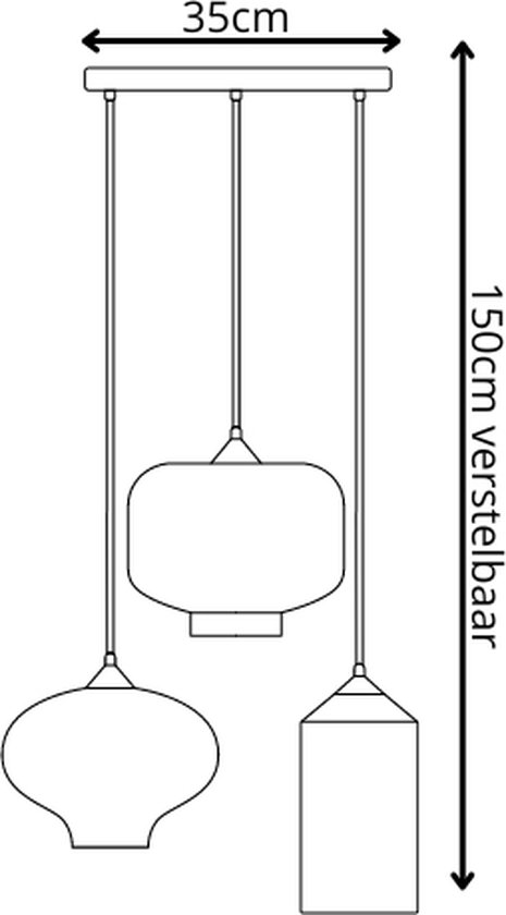Schematische weergave van een 3-lichts hanglamp met afmetingen: 35cm breed, 150cm verstelbaar.