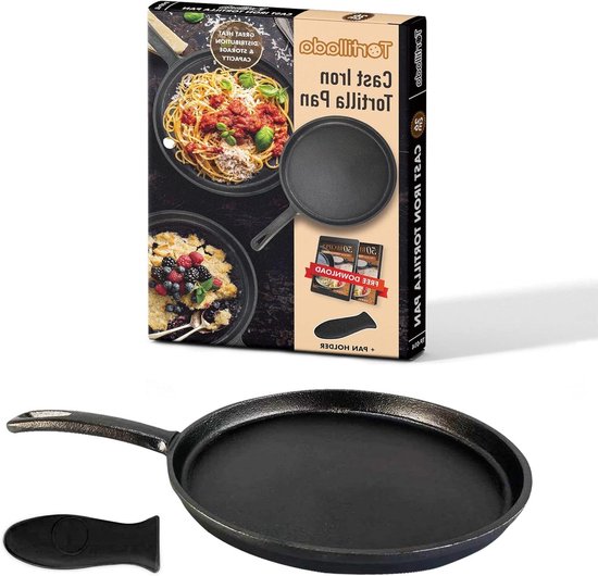 Chef Pomodoro Gietijzeren Pizza Pan 30 cm – Voorgekruid met Gelijkmatige Warmteverdeling – Cast Iron Skillet voor Pizza, Crepes en Tortilla's – Geschikt voor Grill BBQ, Oven en Outdoor Gebruik