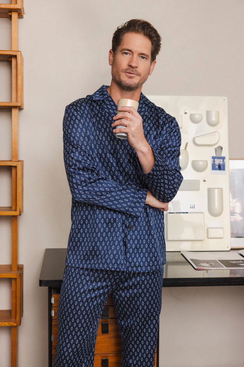 Robson Satijnen pyjama heren - Knoopsluiting - Doorknoop pyjama met lange mouwen - 48 - Blauw