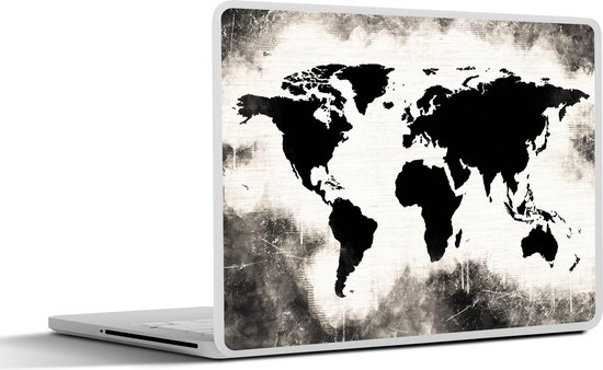 Sticker pour ordinateur portable - 15,6 pouces - Wereldkaart - Zwart - Wit - Bois