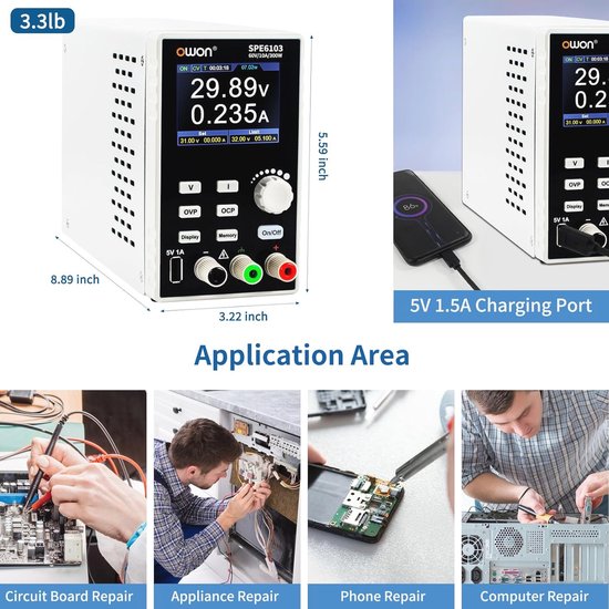 OWON SPE6103 Programmierbares DC Netzteil,300W,60V/10A,hochpräziser 4 stelliger Mehrfachschutz,2,8 Zoll TFT LCD Display mit USB Anschluss, unterstützt SCPI Labornetzteil