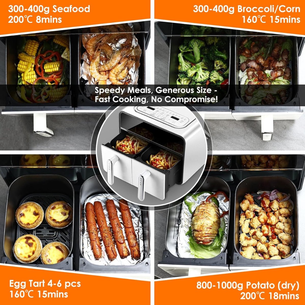 Afbeelding 3 van Equivera Dubbele Airfryer - Dubbele Mand - Dual Cook - Heteluchtfriteuse - Verschillende Programma's - Dual Zone - Mega