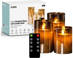 FlinQ LED Kaarsen met Bewegende Vlam in Smoked Glass - Inclusief Afstandsbediening met Timer en Dimfunctie - Nep Kaarsen met Flikkerende Vlam - Dinerkaarsen - 3 stuks - Goud