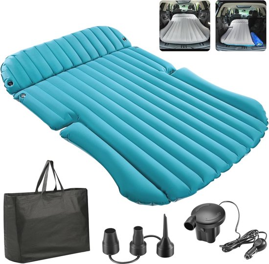 KMZ Auto Matratze, 2 Kissen Auto Luftmatratze, Doppelseitige Verdickte Beflockung Automatratze Camping Aufblasbaren Autobett für Kofferraum Rückbank (Beige und Kaffee