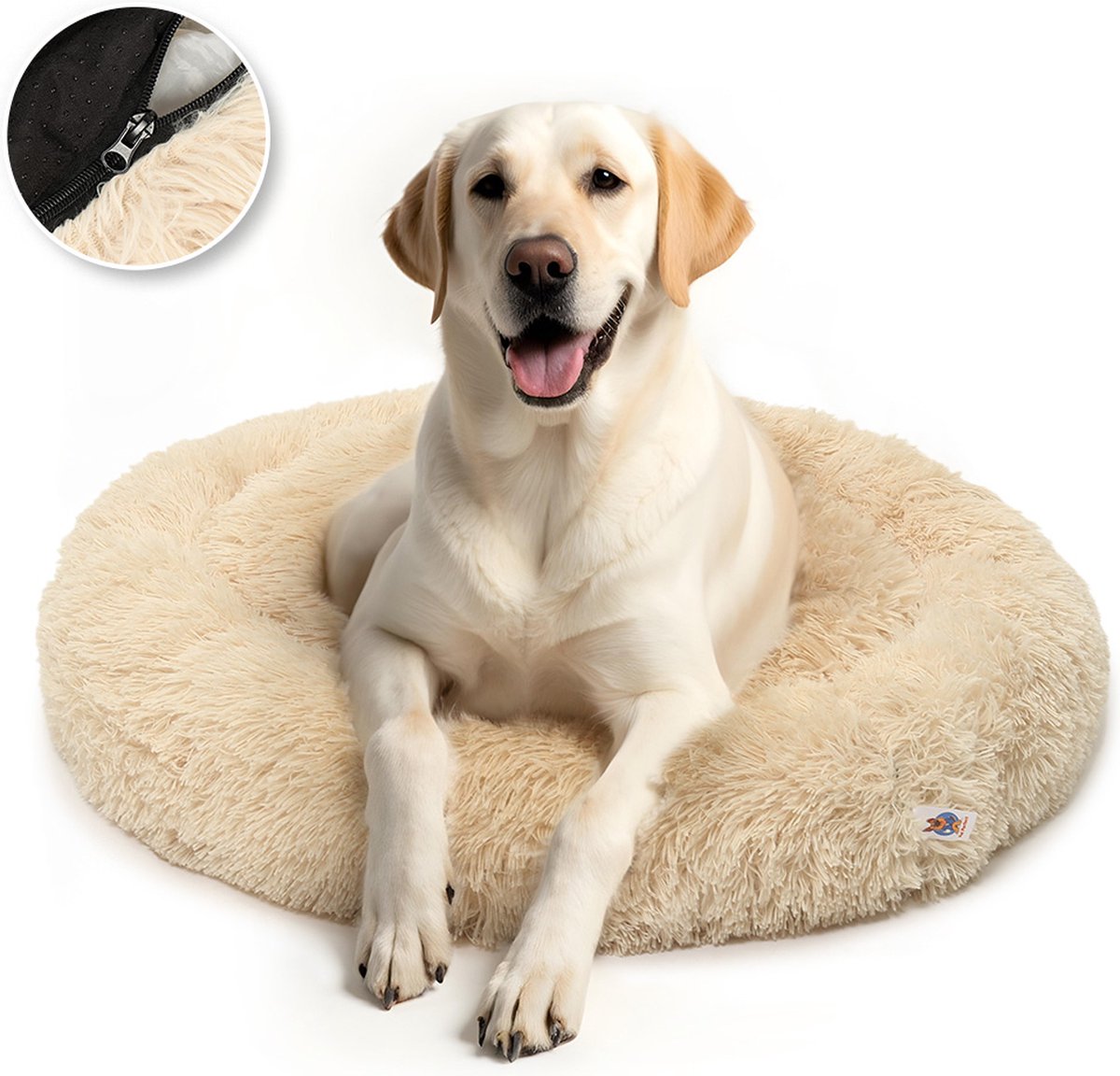 Bol.com Pet Perfect Premium Donut Hondenmand 100 cm - Fluffy Hondenkussen - Hondenbed - Beige - Met Rits - Wasbaar - Extra Gevuld aanbieding
