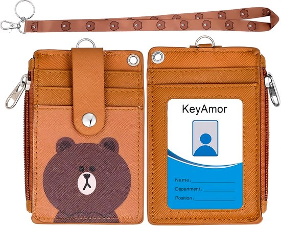 Foto: Lanyard sleutelhanger met kaarthouder keycord badgehouder bruine nekkoord pashouder beer design portemonnee met ritsvak en keykoord badge en kaart houder pasjes sleutels koord nek sleutelkoord universeel id pashouder