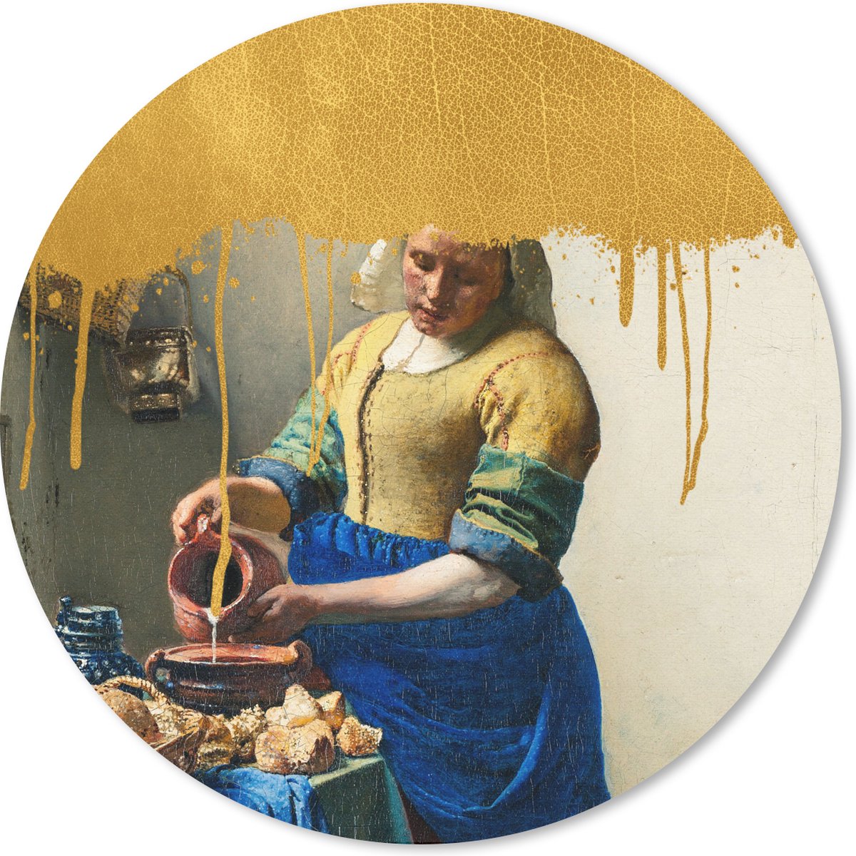 Muismat rond 20x20 cm - Mousepad Melkmeisje - Goud - Vermeer - Ronde muismatten
