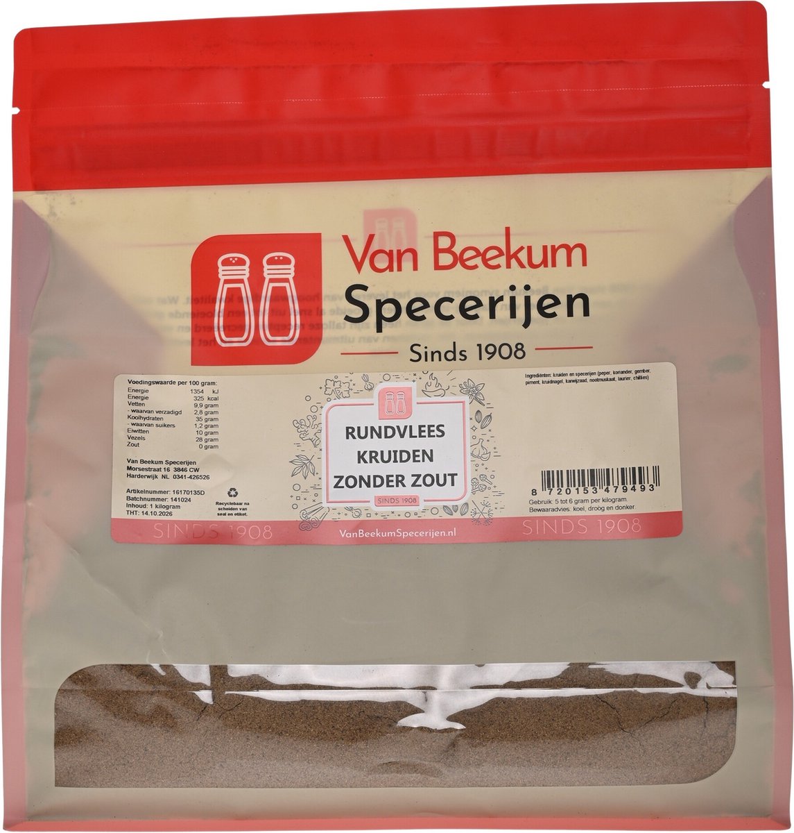 Van Beekum Specerijen - Rundvlees Kruiden Zonder Zout - 1 KG (hersluitbare stazak)