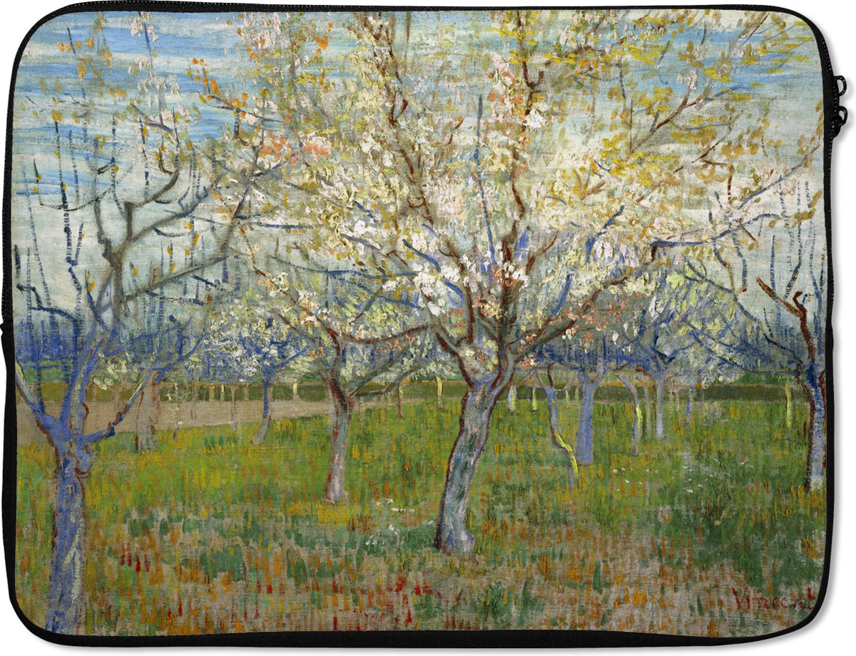 Laptophoes 17 inch - De roze boomgaard - Vincent van Gogh - Laptop sleeve - Binnenmaat 41x28 cm - Zwarte achterkant