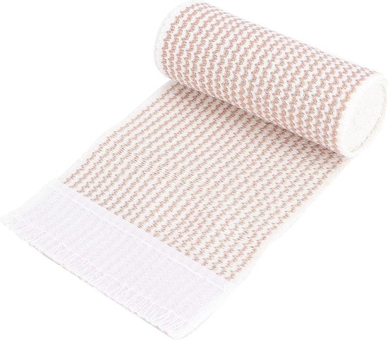 Opgerolde beige en witte elastische bandage.