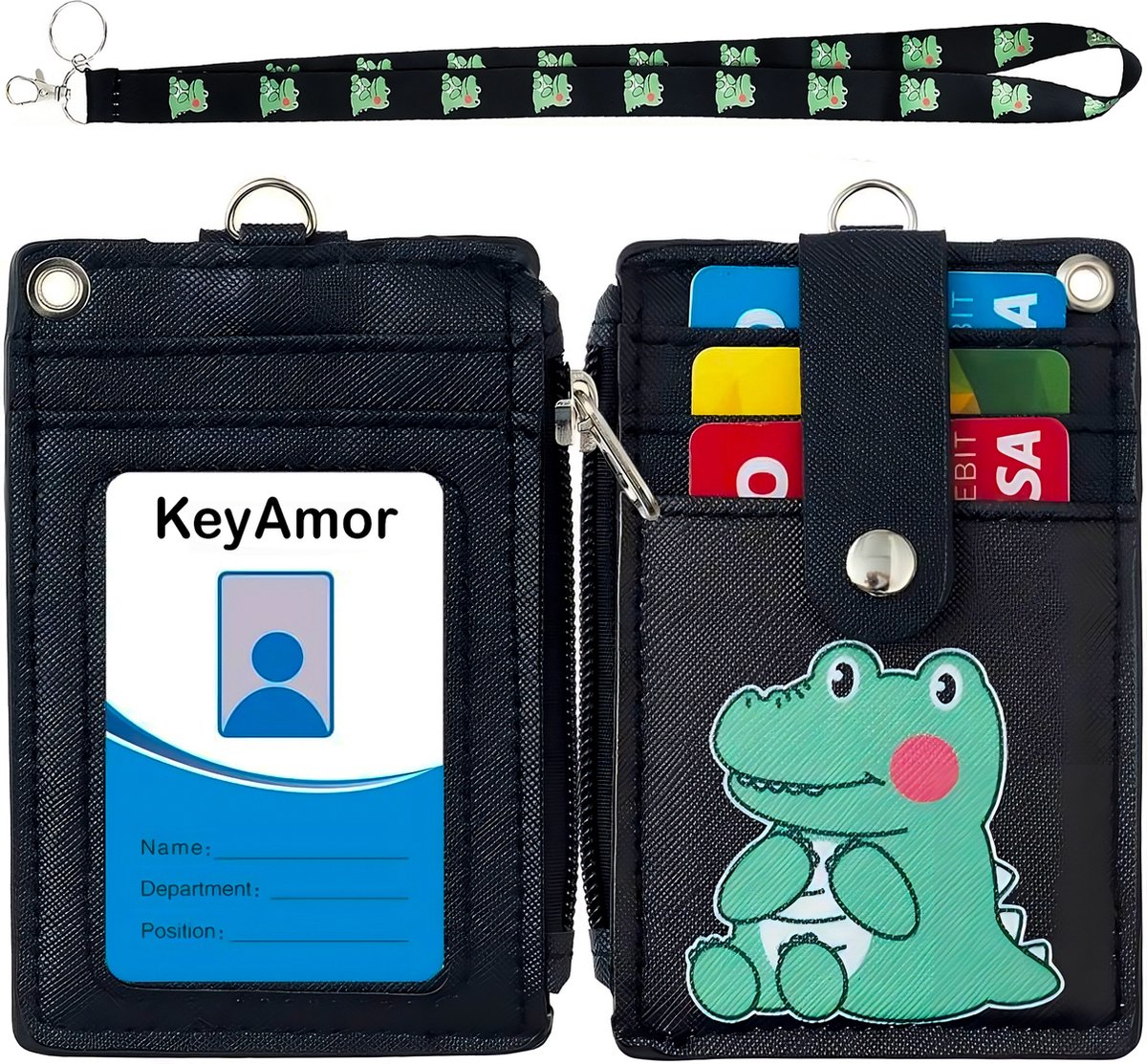 Lanyard Sleutelhanger met Kaarthouder - Keycord Badgehouder - Zwarte Nekkoord Pashouder - Krokodil Portemonnee met ritsvak en Keykoord - Badge en Kaart Houder - Pasjes Sleutels Koord - Nek Sleutelkoord - Universeel ID Pashouder