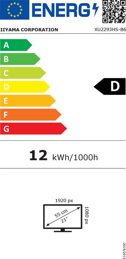 Energie-etiket met energieklasse D en specificaties van een 21-inch (55 cm) Full HD monitor.