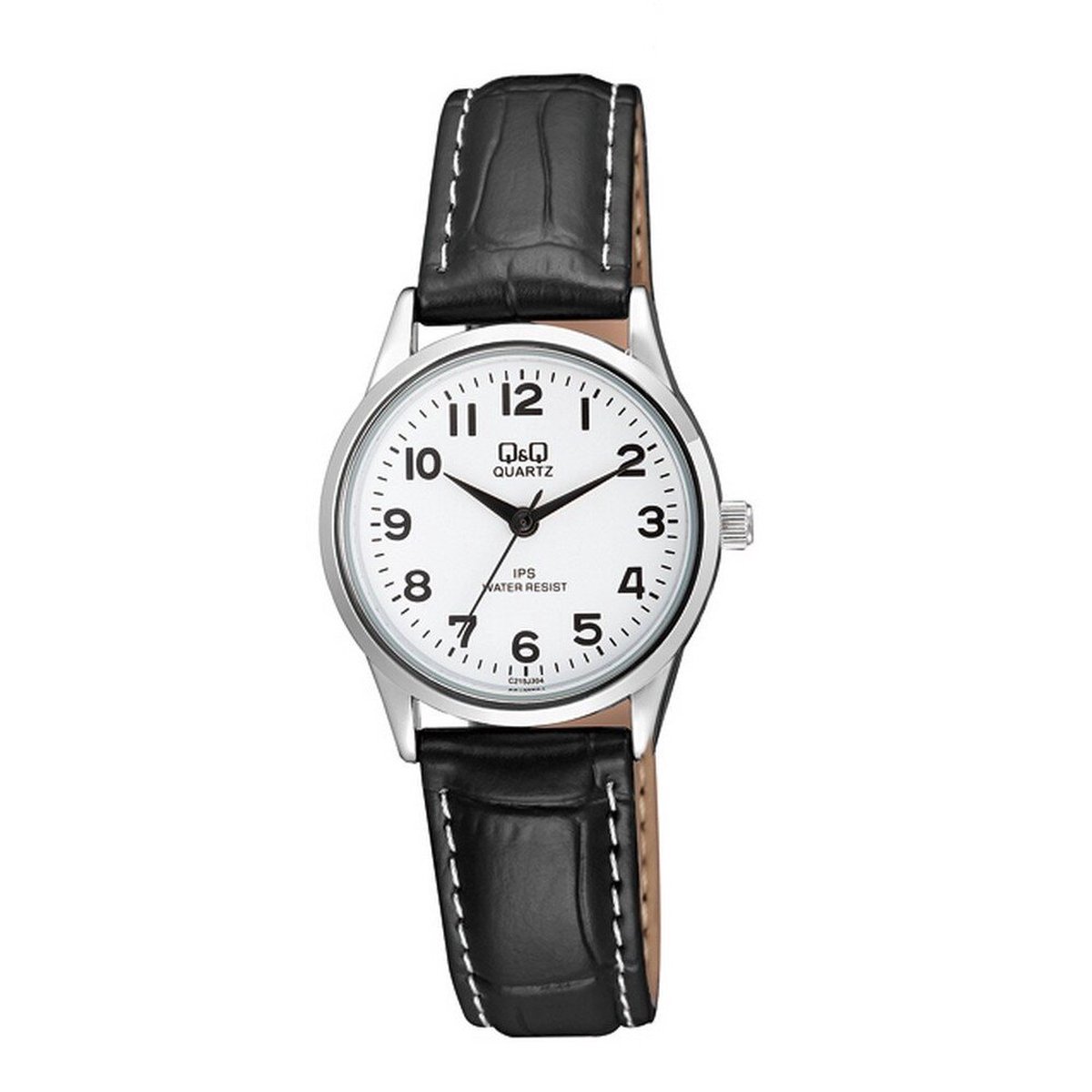 QQ C215J304Y - Horloge - Analoog - Vrouwen - Dames - Leren band - Rond - Metaal - Cijfers - Zwart - Zilverkleurig - Wit - 3 ATM