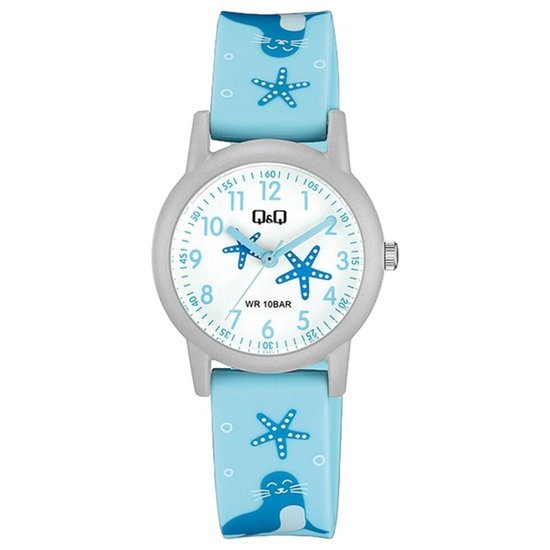 Lichtblauw horloge met grijze kast, witte wijzerplaat met blauwe zeeotter en zeesterren. De band is bedrukt met zeeotters en zeesterren.