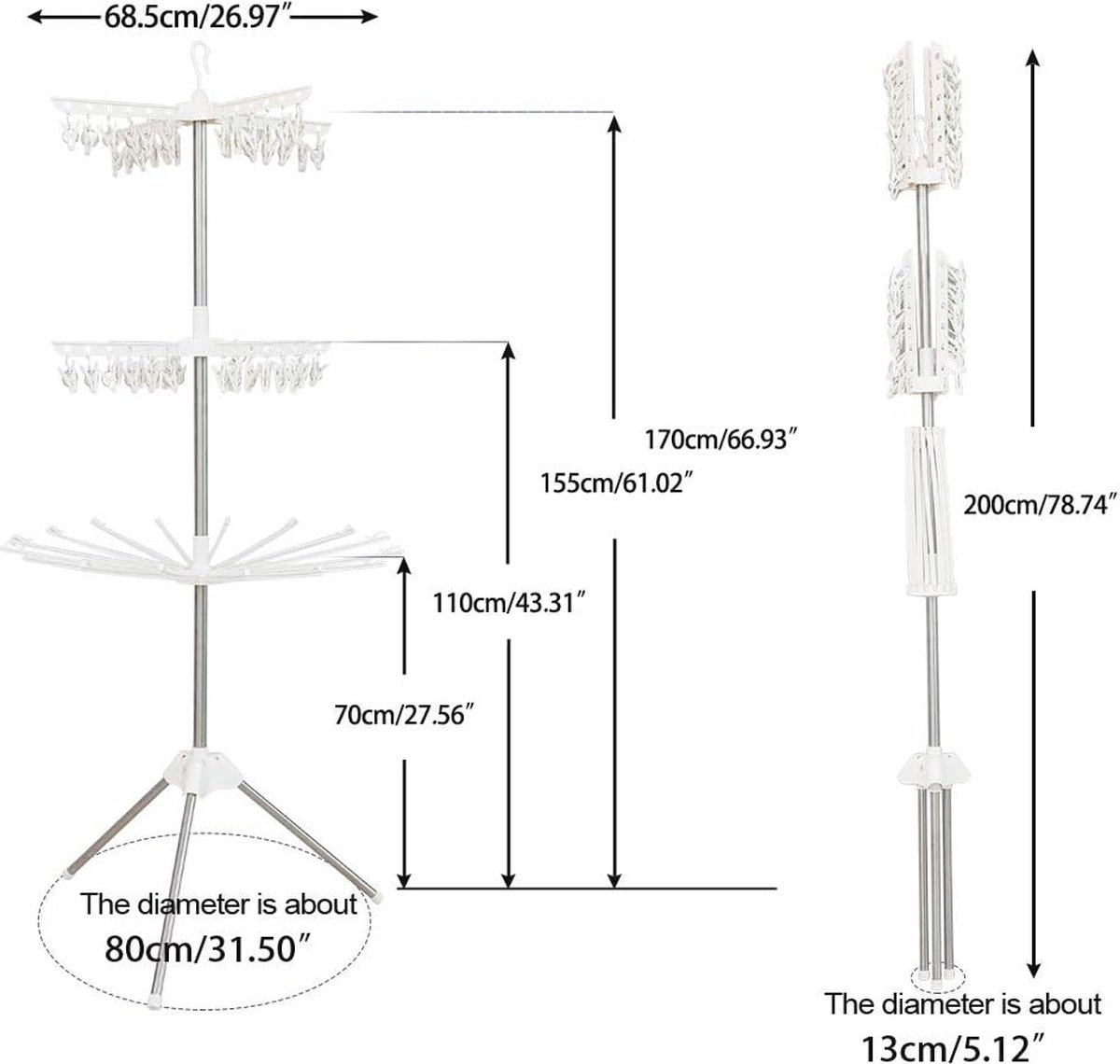 Goedkoopste Opvouwbaar kleding droogrek met 24 Clips en 32 Handdoeken Stangen - Ruimtebesparende Staande Kledinghanger voor Babykleding, Sokjes en Luiers