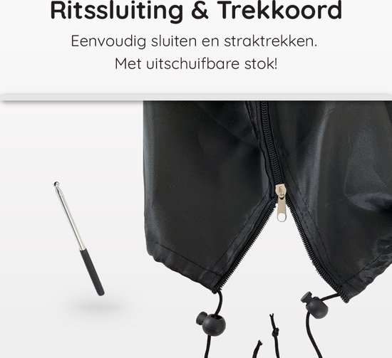Detail van zwarte parasolhoes met rits, trekkoord en uitschuifbare stok.