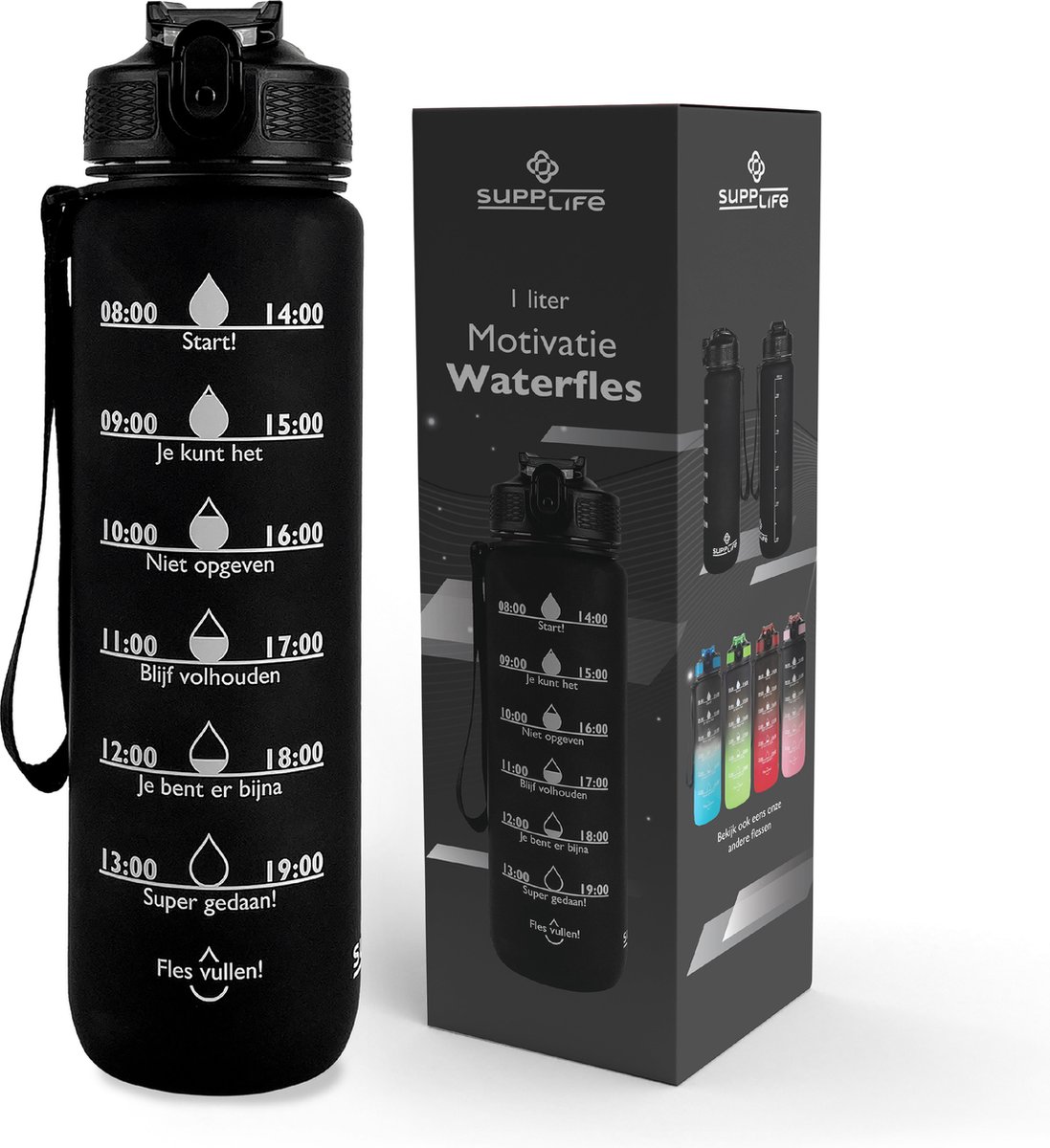 Supplife Waterfles met Tijdmarkering - 1 Liter Drinkfles - Motivatie Waterfles - Met Rietje - Volwassenen - Kinderen -Zwart