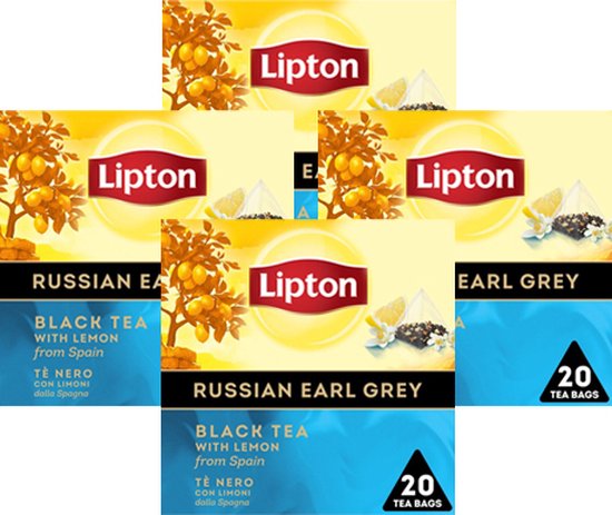 Lipton Russische Earl Grey zwarte thee met citroen, 20 theezakjes. Verpakking toont een boom met gele vruchten.