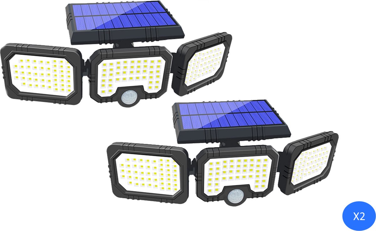 Panta Trio Solar - 2 stuks - LED buitenlamp op zonne-energie met sensor - energiebesparende solarlamp met krachtige oplaadbare batterij - 74 LED's & 600 lumen lichtsterkte - met bewegingsdetector uitschakelfunctie & daglicht