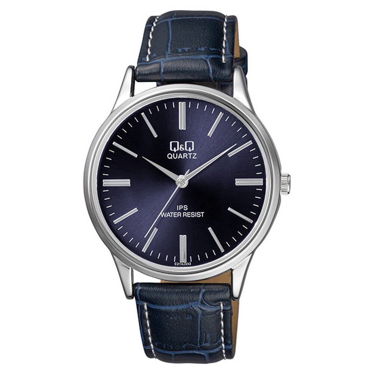 QQ C214J332Y - Horloge - Analoog - Mannen - Heren - Leren band - Rond - Metaal - Streepjes - DonkerBlauw - Blauw - Zilverkleurig